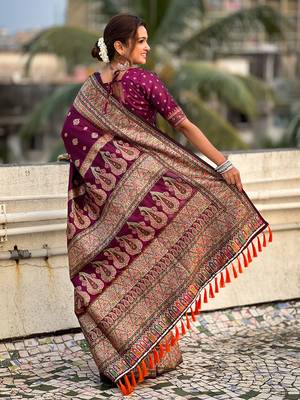 Purple kashmiri work pashmina silk saree with unstitched blouse piece 2