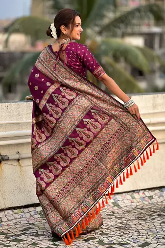 Purple kashmiri work pashmina silk saree with unstitched blouse piece