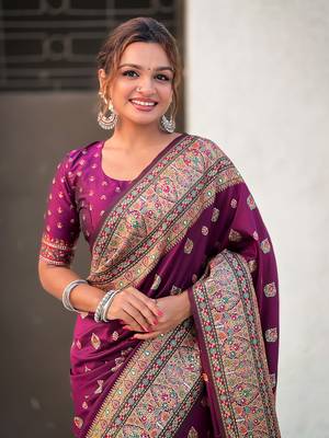 Purple kashmiri work pashmina silk saree with unstitched blouse piece 4