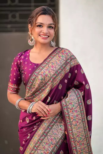 Purple kashmiri work pashmina silk saree with unstitched blouse piece