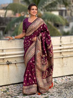 Purple kashmiri work pashmina silk saree with unstitched blouse piece 5