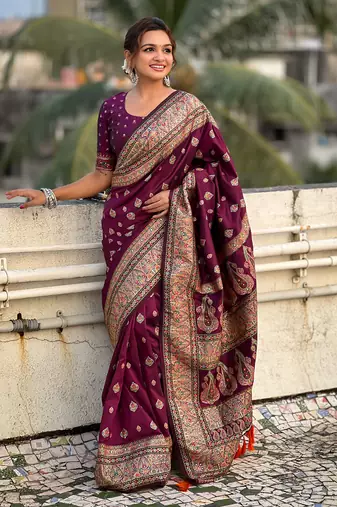 Purple kashmiri work pashmina silk saree with unstitched blouse piece