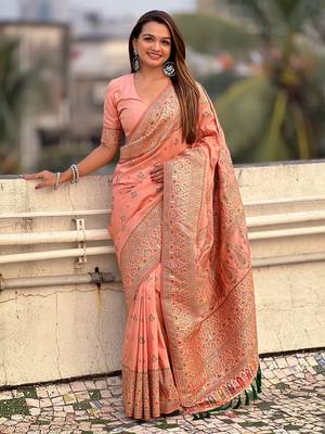 Peach kashmiri work pashmina silk saree with unstitched blouse piece 1
