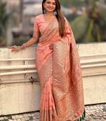 Peach kashmiri work pashmina silk saree with unstitched blouse piece