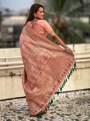 Peach kashmiri work pashmina silk saree with unstitched blouse piece 2