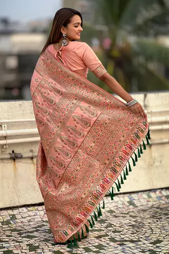 Peach kashmiri work pashmina silk saree with unstitched blouse piece