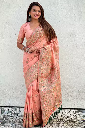 Peach kashmiri work pashmina silk saree with unstitched blouse piece
