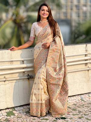 White kashmiri work pashmina silk saree with unstitched blouse piece 1