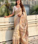 White kashmiri work pashmina silk saree with unstitched blouse piece