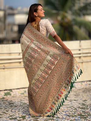 White kashmiri work pashmina silk saree with unstitched blouse piece 2