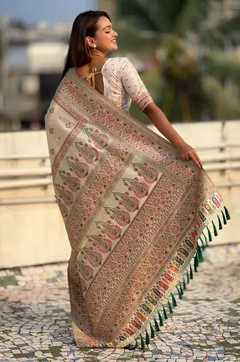 White kashmiri work pashmina silk saree with unstitched blouse piece