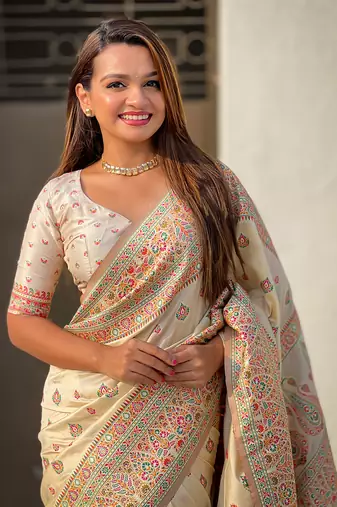 White kashmiri work pashmina silk saree with unstitched blouse piece