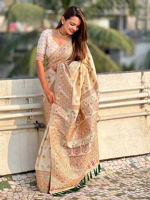 White kashmiri work pashmina silk saree with unstitched blouse piece 4