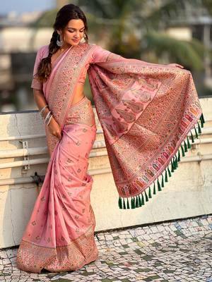 Pink kashmiri work pashmina silk saree with unstitched blouse piece 1