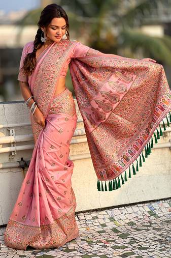 Pink kashmiri work pashmina silk saree with unstitched blouse piece