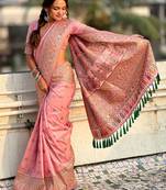 Pink kashmiri work pashmina silk saree with unstitched blouse piece