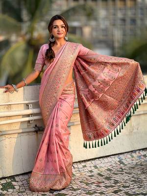 Pink kashmiri work pashmina silk saree with unstitched blouse piece 2