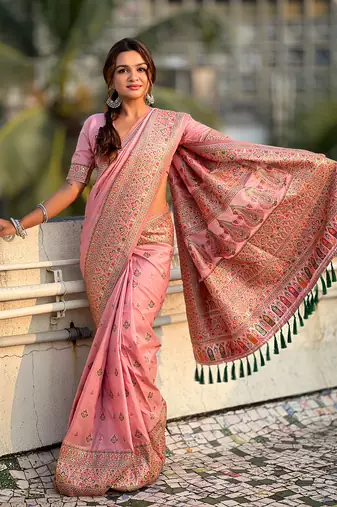 Pink kashmiri work pashmina silk saree with unstitched blouse piece