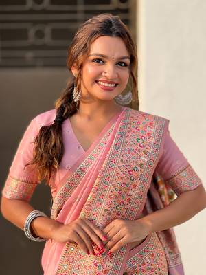 Pink kashmiri work pashmina silk saree with unstitched blouse piece 3