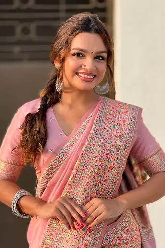 Pink kashmiri work pashmina silk saree with unstitched blouse piece
