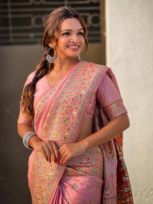 Pink kashmiri work pashmina silk saree with unstitched blouse piece 4