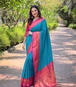 Blue zari woven silk women's saree with blouse piece