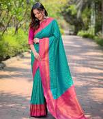 Teal zari woven silk women's saree with blouse piece