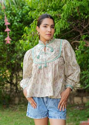 Hand Block Printed Kyra Top~ Beige 1