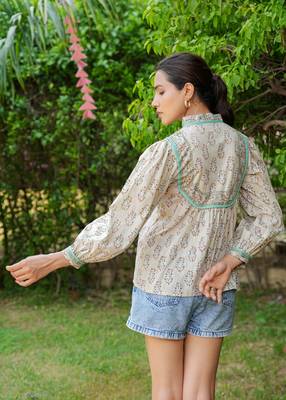 Hand Block Printed Kyra Top~ Beige 2