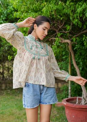 Hand Block Printed Kyra Top~ Beige 4