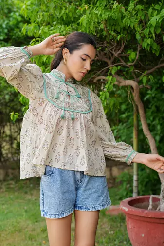 Hand Block Printed Kyra Top~ Beige