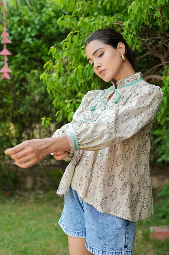 Hand Block Printed Kyra Top~ Beige