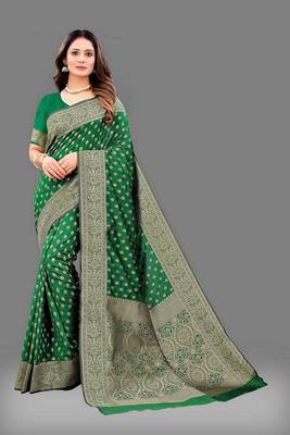 Varni fabric soft silk jecquard work woven dark green color saree 1
