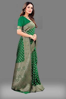 Varni fabric soft silk jecquard work woven dark green color saree 2