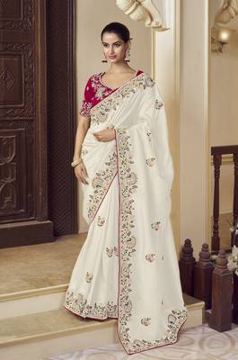 Party wear white fancy fabric saree with silk blouse 1