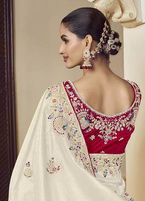 Party wear white fancy fabric saree with silk blouse 2
