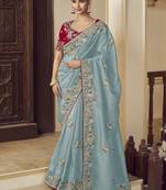 Party wear light green fancy fabric saree with silk blouse