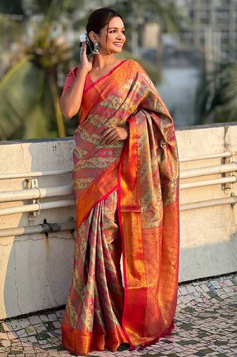 Peach zari weaving dharmavaram silk saree with unstitched blouse piece