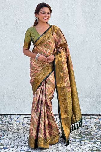 Green zari weaving dharmavaram silk saree with unstitched blouse piece