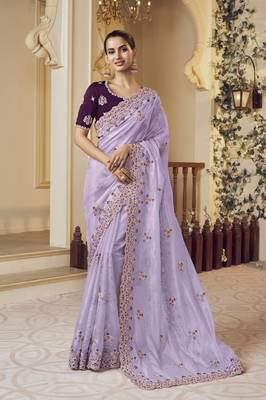 Party wear purple organza saree with satin blouse 1