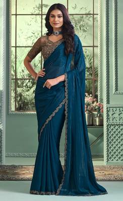 Reboot fashions blue georgette beautiful embellished saree,sari comes with embroidered blouse 1