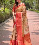 Beige with red border zari woven dharmavaram silk women's saree with blouse piece