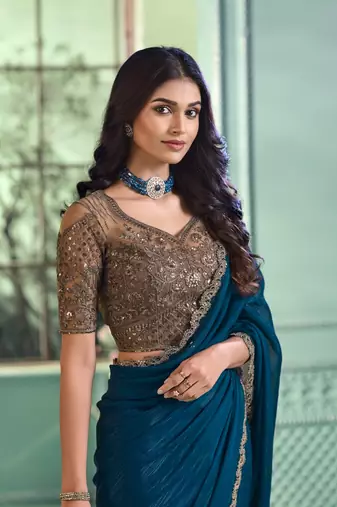 Reboot fashions blue georgette beautiful embellished saree,sari comes with embroidered blouse