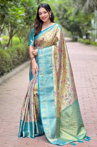 Beige with sky blue border zari woven dharmavaram silk women's saree with blouse piece