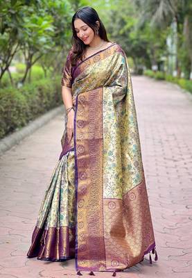 Beige with purple border zari woven dharmavaram silk women's saree with blouse piece 1