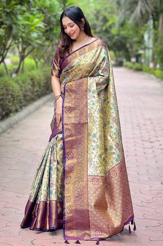 Beige with purple border zari woven dharmavaram silk women's saree with blouse piece