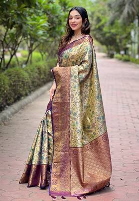 Beige with purple border zari woven dharmavaram silk women's saree with blouse piece 2