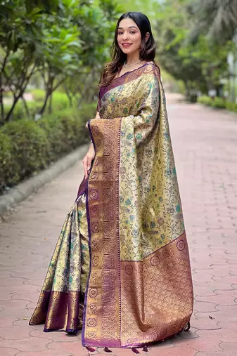 Beige with purple border zari woven dharmavaram silk women's saree with blouse piece