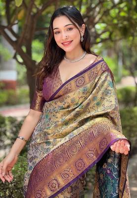 Beige with purple border zari woven dharmavaram silk women's saree with blouse piece 3