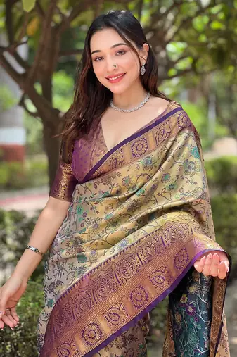 Beige with purple border zari woven dharmavaram silk women's saree with blouse piece